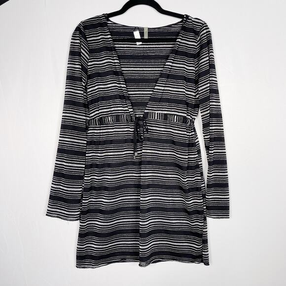 Vitamin A Medium M Striped Long Sleeve Cover Up Dress Black Silver Lurex Swim - Picture 1 of 12